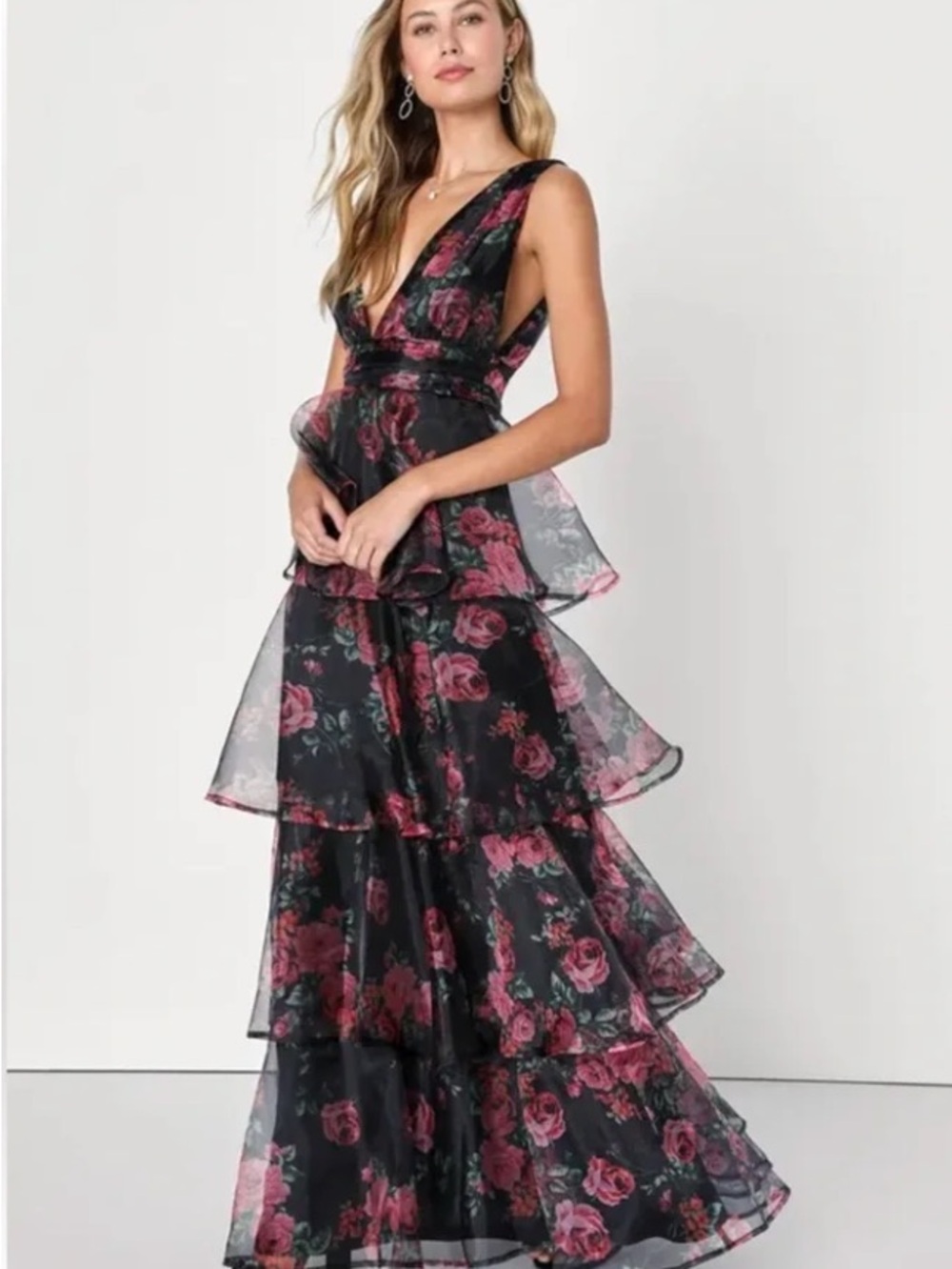 Lulus Black Floral Ruffle V-Neck Dress (NWT) - Picture 6 of 10